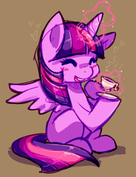 Size: 900x1172 | Tagged: safe, artist:sharmie, imported from derpibooru, twilight sparkle, alicorn, pony, blushing, eyes closed, female, magic, sitting, solo, teacup, telekinesis, twilight sparkle (alicorn)