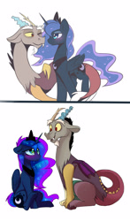 Size: 1679x2865 | Tagged: safe, artist:elementalokami, imported from derpibooru, discord, princess luna, blushing, female, looking at each other, lunacord, male, shipping, sitting, straight, underhoof