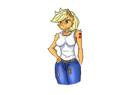 Size: 1024x768 | Tagged: safe, artist:nwinter3, imported from derpibooru, applejack, anthro, clothes, female, pants, simple background, solo, tanktop