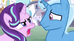 Size: 3861x2171 | Tagged: dead source, safe, artist:boneswolbach, artist:derpyna, artist:drewmwhit, imported from derpibooru, starlight glimmer, trixie, angry, blushing, cross-popping veins, female, half r63 shipping, male, rule 63, shipping, startrist, startrix, straight, sweat, tristan