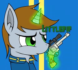 Size: 720x644 | Tagged: safe, artist:mansun, imported from derpibooru, oc, oc only, oc:littlepip, pony, unicorn, fallout equestria, clothes, fanfic, fanfic art, female, glowing horn, gun, handgun, jumpsuit, little macintosh, magic, mare, revolver, simple background, solo, telekinesis, vault suit, weapon