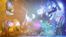 Size: 1920x1080 | Tagged: safe, artist:sourcerabbit, imported from derpibooru, adagio dazzle, aria blaze, beauty brass, coloratura, dj pon-3, lemon zest, octavia melody, sonata dusk, vinyl scratch, 3d, rara, source filmmaker