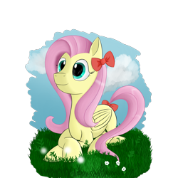 Size: 2000x2000 | Tagged: safe, artist:andelai, imported from derpibooru, fluttershy, pegasus, pony, bow, female, grass, lying, lying down, mare, solo, tail, tail bow