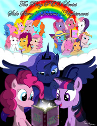 Size: 1024x1327 | Tagged: safe, artist:wolfram-and-hart, imported from derpibooru, bon bon (g1), bright eyes, cheerilee (g3), clover (g1), melody, patch (g1), pinkie pie (g3), princess luna, rainbow dash (g3), scootaloo (g3), starlight (g1), starsong, sweetie belle (g3), toola roola, twilight sparkle, twinkle twirl, pony pov series, my little pony tales, core seven, g1, g3, mist, misty, toola-roola