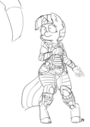 Size: 1280x1807 | Tagged: safe, artist:pabbley, imported from derpibooru, twilight sparkle, anthro, 30 minute art challenge, armor, dead space, monochrome