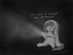 Size: 1024x768 | Tagged: safe, artist:novaintellus, imported from derpibooru, princess luna, alicorn, pony, blanket, female, filly, flashlight (object), grayscale, monochrome, newbie artist training grounds, pajama sam, solo, woona