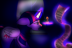 Size: 2250x1500 | Tagged: safe, artist:chrisgotjar, imported from derpibooru, twilight sparkle, alicorn, pony, candle, female, list, magic, newbie artist training grounds, night, solo, telekinesis, twilight sparkle (alicorn)