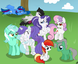 Size: 1217x1000 | Tagged: safe, artist:darkpathwalker9900, imported from derpibooru, lyra heartstrings, sweetie belle, oc, oc:dazzling gem, oc:emerald symphony, oc:raribot, oc:raribot jr, oc:robobloom, oc:sapphire sky, alicorn, pegasus, pony, robot, robot pony, unicorn, alicorn oc, cloud, cutie mark, eyes closed, family, female, filly, foal, hooves, horn, kids, lying down, mare, married, on back, open mouth, prone, raribot, sitting, solo, spread wings, standing, sweetie bot, tree, wings