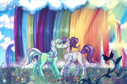 Size: 1800x1189 | Tagged: safe, artist:margony, imported from derpibooru, lyra heartstrings, oc, oc:raribot, pony, robot, robot pony, unicorn, rainbow falls, blushing, canon x oc, cutie mark, eyes closed, female, flower, fluffy, hooves, horn, kissing, mare, raribot, scenery, shipping, solo, waterfall