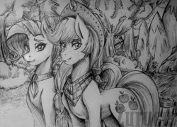 Size: 944x675 | Tagged: safe, artist:ciderpunk, artist:zuruck, derpibooru exclusive, imported from derpibooru, applejack, rarity, black and white, clothes, forest, grayscale, monochrome, scarf, traditional art