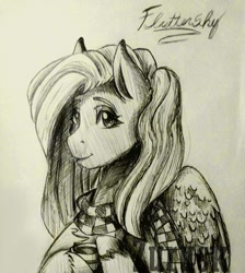 Size: 720x802 | Tagged: safe, artist:ciderpunk, artist:zuruck, derpibooru exclusive, imported from derpibooru, fluttershy, black and white, clothes, coffee, grayscale, monochrome, scarf