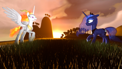 Size: 1920x1080 | Tagged: safe, artist:iownu142, imported from derpibooru, nightmare star, princess celestia, princess luna, 3d, role reversal, source filmmaker, sunset