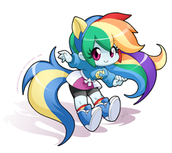 Size: 900x799 | Tagged: safe, artist:lemonpandachan, imported from derpibooru, rainbow dash, equestria girls, adorkable, boots, breasts, chibi, clothes, compression shorts, cute, dashabetes, dork, female, moe, pony ears, school spirit, shorts, simple background, skirt, smiling, socks, solo, transparent background, wondercolts