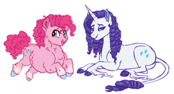 Size: 1280x698 | Tagged: safe, artist:lopoddity, deleted from derpibooru, imported from derpibooru, pinkie pie, rarity, classical unicorn, earth pony, pony, shetland pony, unicorn, alternate hairstyle, chubby, cloven hooves, colored hooves, duo, extra fluffy, fluffy, leonine tail, pronking, ringlets, socks (coat marking), socks (coat markings), unshorn fetlocks