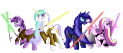 Size: 1600x700 | Tagged: safe, artist:rulsis, imported from derpibooru, princess cadance, princess celestia, princess luna, twilight sparkle, alicorn, pony, glowing horn, jedi, lightsaber, magic, star wars, telekinesis, twilight sparkle (alicorn), weapon