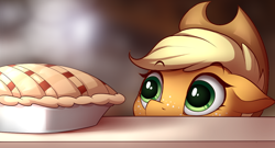 Size: 1500x807 | Tagged: safe, artist:evehly, imported from derpibooru, applejack, earth pony, pony, apple pie, cowboy hat, cute, dessert, eyes on the prize, female, filly, freckles, hat, jackabetes, mare, silly, silly pony, solo, soon, stetson, that pony sure does love apples