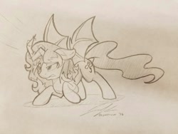 Size: 1280x960 | Tagged: safe, artist:fearingfun, imported from derpibooru, oc, oc only, alicorn, bat pony, pony, monochrome, sketch, traditional art