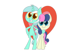 Size: 2743x1828 | Tagged: safe, artist:supercoco142, imported from derpibooru, bon bon, lyra heartstrings, sweetie drops, pony, bipedal, duo, female, heart, lesbian, lyrabon, mare, shipping