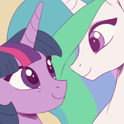 Size: 400x400 | Tagged: safe, artist:akeahi, imported from derpibooru, princess celestia, twilight sparkle, pony, unicorn, cute, female, icon, lesbian, looking at each other, mare, shipping, smiling, twilestia