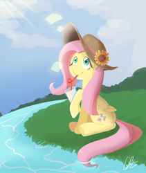 Size: 800x950 | Tagged: safe, artist:cofotory, imported from derpibooru, fluttershy, pony, crepuscular rays, cute, drinking, drinking straw, female, flower in hat, folded wings, hat, hoof hold, looking up, river, shyabetes, sitting, solo, weapons-grade cute