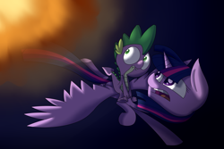 Size: 2743x1828 | Tagged: safe, artist:supercoco142, imported from derpibooru, spike, twilight sparkle, alicorn, pony, duo, explosion, twilight sparkle (alicorn)