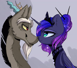 Size: 3200x2845 | Tagged: safe, artist:elementalokami, imported from derpibooru, discord, princess luna, alternate hairstyle, boop, eye contact, lunacord, male, noseboop, shipping, straight
