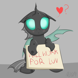 Size: 1600x1600 | Tagged: safe, artist:nevaylin, edit, imported from derpibooru, changeling, blushing, cute, cuteling, female, floppy ears, heart, prostitution, sign, sitting, solo, will x for y