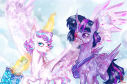 Size: 6000x4000 | Tagged: safe, artist:coconuthound, imported from derpibooru, princess flurry heart, twilight sparkle, alicorn, pony, backpack, duo, eyepatch, female, large wings, magic, older, older flurry heart, scar, sword, telekinesis, twilight sparkle (alicorn), weapon, wings