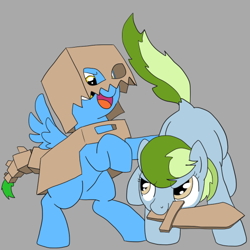 Size: 500x500 | Tagged: safe, artist:dudey64, imported from derpibooru, oc, oc only, oc:box-filly, oc:nessy gouge, dragon, earth pony, pegasus, pony, cardboard box, clothes, costume, dock, female, filly, sword, weapon