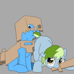 Size: 500x500 | Tagged: safe, artist:dudey64, imported from derpibooru, oc, oc only, oc:box-filly, oc:nessy gouge, dragon, earth pony, pegasus, pony, cardboard box, clothes, costume, dock, female, filly, imminent vore, sword, weapon