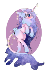 Size: 817x1280 | Tagged: safe, artist:niniibear, imported from derpibooru, oc, oc only, pony, unicorn, adoptable, blue, blue eyes, closed species, cute, ear fluff, fluffy, glow, glowing, light, long hair, long mane, pink, purple, simple background, solo, species, stars, sweet, transparent background