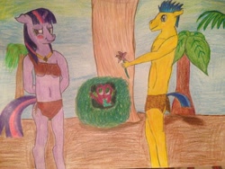 Size: 3264x2448 | Tagged: safe, artist:deviantsponge45, imported from derpibooru, flash sentry, spike, twilight sparkle, anthro, bare chest, belly button, clothes, flashlight, male, shipper on deck, shipping, spike the shipper, straight, topless