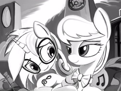 Size: 3200x2400 | Tagged: safe, artist:ponsce, imported from derpibooru, dj pon-3, octavia melody, vinyl scratch, pony, female, lesbian, mare, monochrome, scratchtavia, shipping