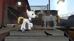 Size: 1280x720 | Tagged: safe, artist:horsesplease, imported from derpibooru, prince blueblood, bird, crow, pony, seagull, 3d, crossover, fallout, giddyup buttercup, gmod, male, raised hoof
