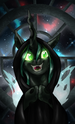 Size: 730x1200 | Tagged: dead source, safe, artist:not-ordinary-pony, imported from derpibooru, queen chrysalis, changeling, changeling queen, crossover, darth sidious, emperor palpatine, fangs, female, glowing eyes, solo, star wars