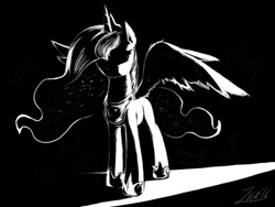 Size: 640x480 | Tagged: safe, artist:zoarvek, imported from derpibooru, princess luna, female, monochrome, newbie artist training grounds, solo, spread wings