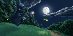 Size: 2000x1000 | Tagged: safe, artist:da-exile, imported from derpibooru, princess luna, alicorn, firefly (insect), pony, atg 2016, butterfly net, cloud, female, forest, grass, missing accessory, moon, mouth hold, newbie artist training grounds, night, outdoors, running, s1 luna, sky, solo, stars, tree