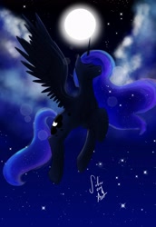 Size: 2000x2899 | Tagged: safe, artist:varshacoro, imported from derpibooru, princess luna, cloud, eyes closed, female, flying, moon, night, solo, stars