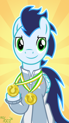 Size: 2160x3840 | Tagged: safe, artist:chainchomp2, imported from derpibooru, soarin', pegasus, pony, clothes, cute, high res, looking at you, male, medal, signature, soarinbetes, solo, stallion, sunburst background, vector, warmup suit
