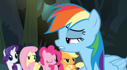 Size: 1282x714 | Tagged: safe, imported from derpibooru, screencap, applejack, fluttershy, pinkie pie, rainbow dash, rarity, pony, daring don't, annoyed, applejack is not amused, eyes closed, fluttershy is not amused, unamused