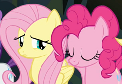 Size: 782x534 | Tagged: safe, imported from derpibooru, screencap, fluttershy, pinkie pie, pony, daring don't, cropped, eyes closed, fluttershy is not amused, unamused, zoomed in