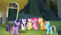 Size: 1248x720 | Tagged: safe, imported from derpibooru, screencap, applejack, fluttershy, pinkie pie, rainbow dash, rarity, twilight sparkle, alicorn, pony, daring don't, annoyed, female, fluttershy is not amused, mane six, raised hoof, twilight sparkle (alicorn), unamused