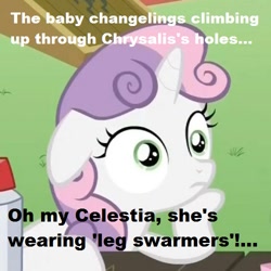 Size: 500x500 | Tagged: safe, edit, edited screencap, imported from derpibooru, screencap, queen chrysalis, sweetie belle, the times they are a changeling, caption, exploitable meme, female, image macro, larva, meme, pun, solo, sudden clarity sweetie belle