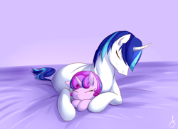 Size: 1000x729 | Tagged: safe, artist:azarakikun, deleted from derpibooru, imported from derpibooru, princess flurry heart, shining armor, cuddling, cute, eyes closed, father and daughter, flurrybetes, prone, shining adorable, sleeping, snuggling