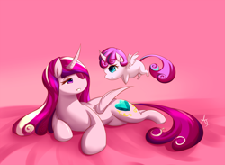 Size: 1200x880 | Tagged: safe, artist:azarakikun, deleted from derpibooru, imported from derpibooru, princess cadance, princess flurry heart, cute, flying, mother and daughter, prone