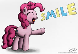 Size: 1000x698 | Tagged: safe, artist:rockingscorpion, imported from derpibooru, pinkie pie, a friend in deed, female, happy, simple background, smile song, solo