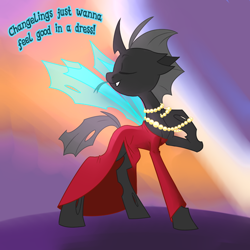 Size: 600x600 | Tagged: safe, artist:dinkelion, imported from derpibooru, oc, oc only, oc:doppel, changeling, changeling oc, clothes, crossdressing, dress, green tongue, jewelry, male, necklace, pearl necklace, red dress, solo, tongue out