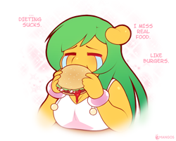 Size: 700x564 | Tagged: safe, artist:3mangos, imported from derpibooru, oc, oc only, oc:mango, anthro, anthro oc, breasts, burger, cheeseburger, cleavage, crying, diet, female, floppy ears, food, hamburger, solo