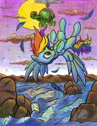Size: 1684x2184 | Tagged: safe, artist:artponymdp, imported from derpibooru, rainbow dash, tank, feather, flying, monochrome, river, traditional art