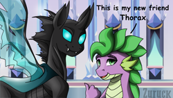 Size: 3840x2160 | Tagged: safe, artist:ciderpunk, artist:zuruck, derpibooru exclusive, imported from derpibooru, spike, thorax, changeling, the times they are a changeling, crystal empire